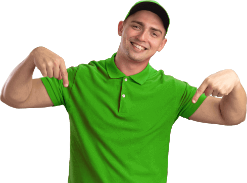 Smiling mover wearing uniform points down
