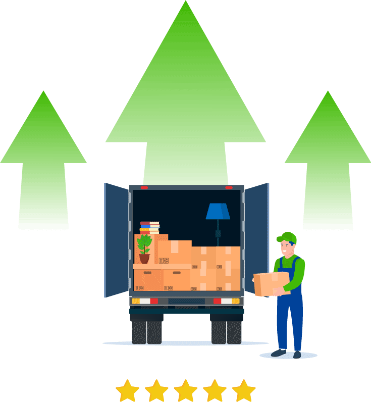 Mover loading the truck with arrows behind symbolizes growth of the company