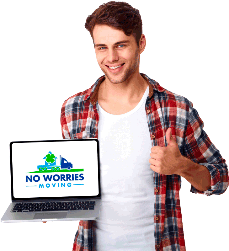 Man holding the laptop with No Worries Moving logo on it