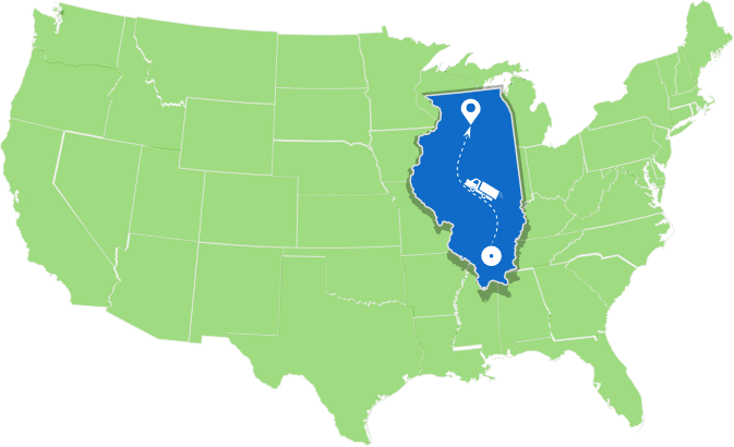 The green-colored US map with the Illinois state colored blue and a moving truck moving over it