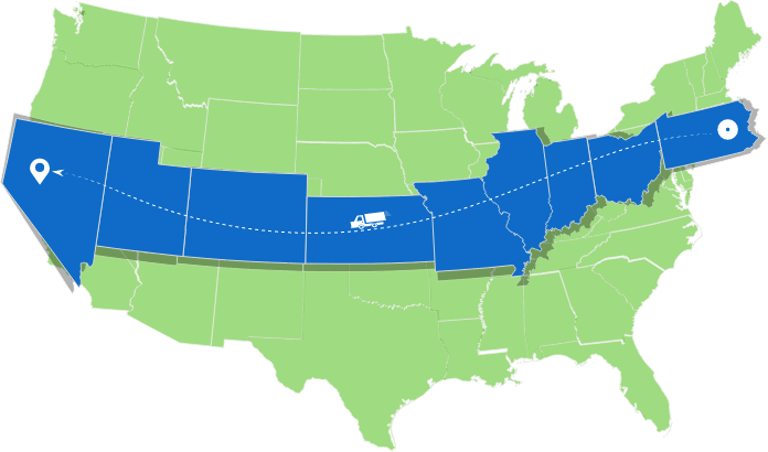 The green-colored US map with all the states from Pennsylvania to Nevada colored blue and a moving truck moving over it.