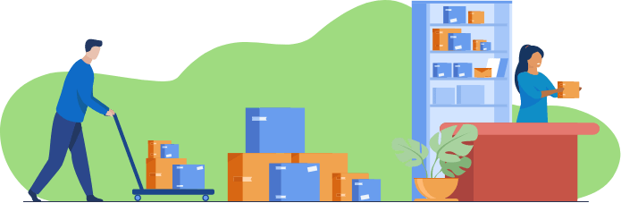 A man doing an office move while woman is filling up the boxes for a move